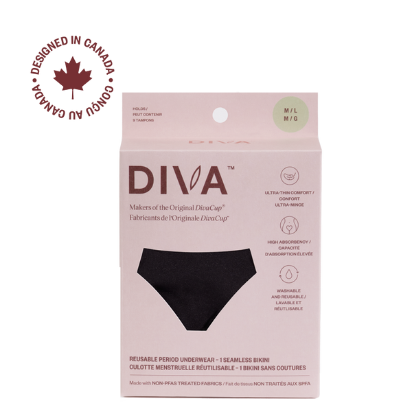 Packaging of DIVA reusable period underwear showing the underwear design and highlighting features such as ultra-thin gusset, DryTec moisture and odor control, and sustainable making.