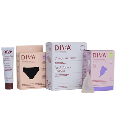Diva products including a cramp cream, reusable underwear, cramp patch, and diva cup